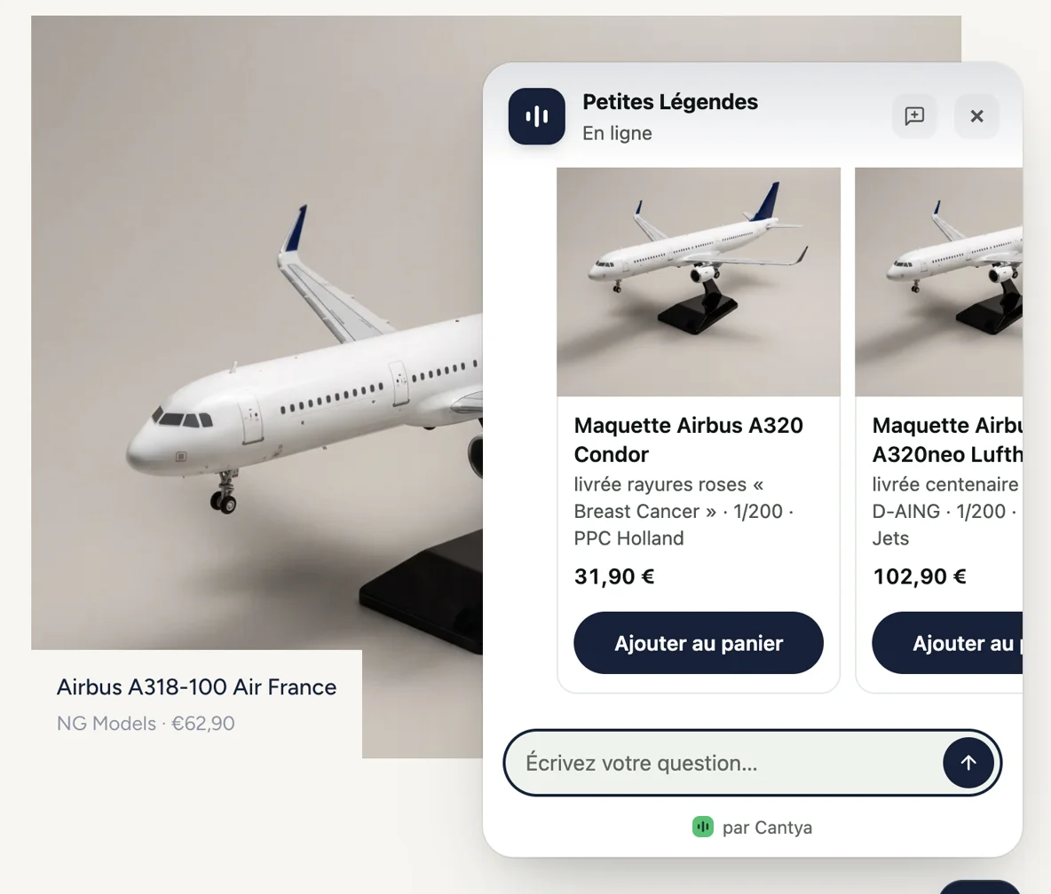 Le Live chat de Petites Légendes affiche les maquettes d’A320 au 1/200 en fiches, avec photo, prix et bouton « Ajouter au panier »