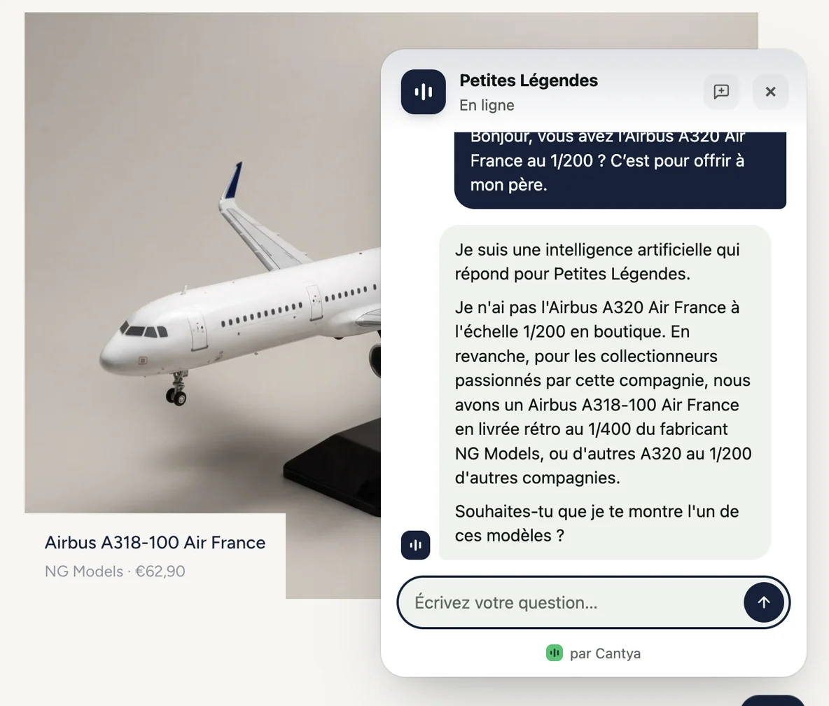 Le Live chat de Petites Légendes : le visiteur cherche un Airbus A320 Air France au 1/200, Cantya répond qu’il ne l’a pas et propose des modèles proches